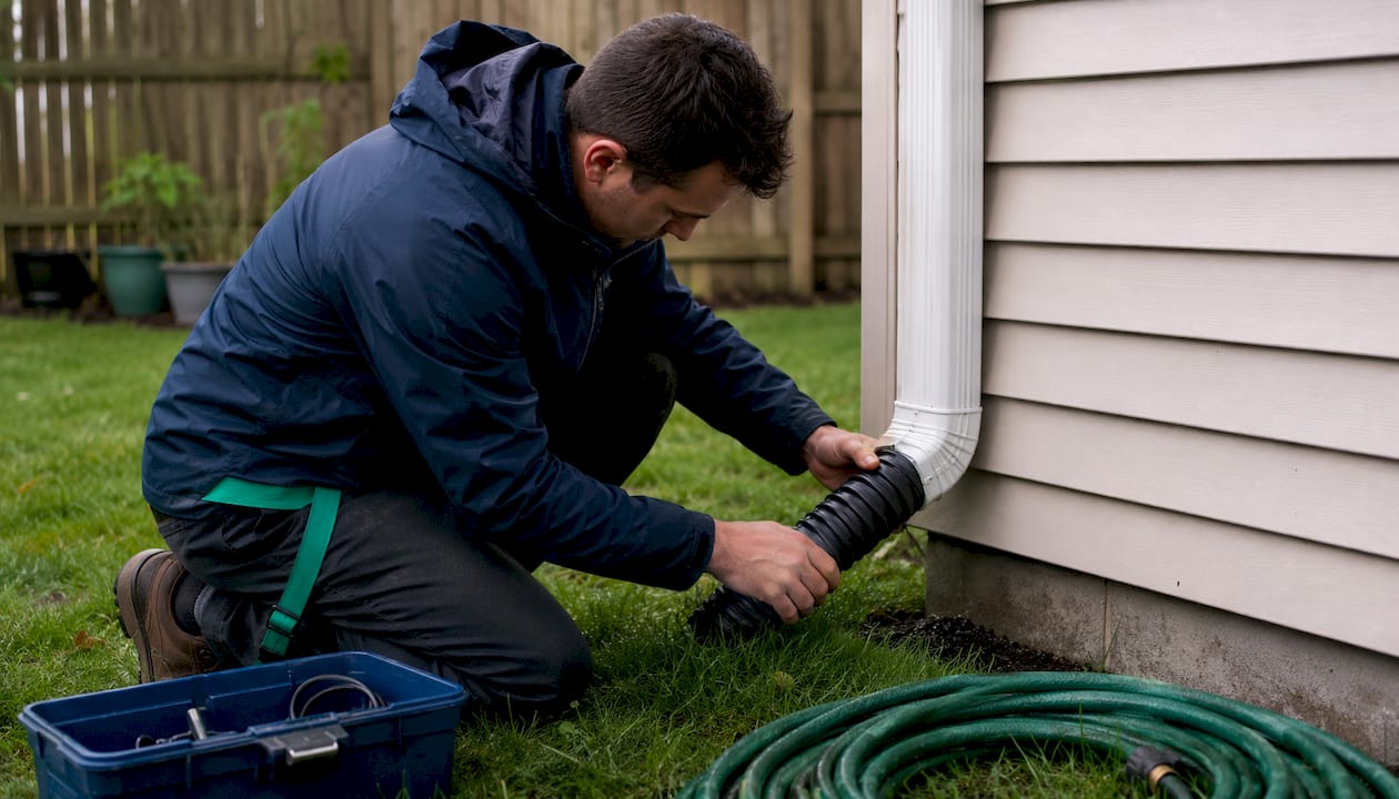 Hands installing gutter downspout extension outdoors