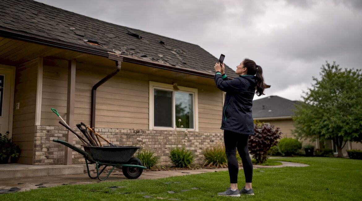 Homeowner photographing roof damage outdoors