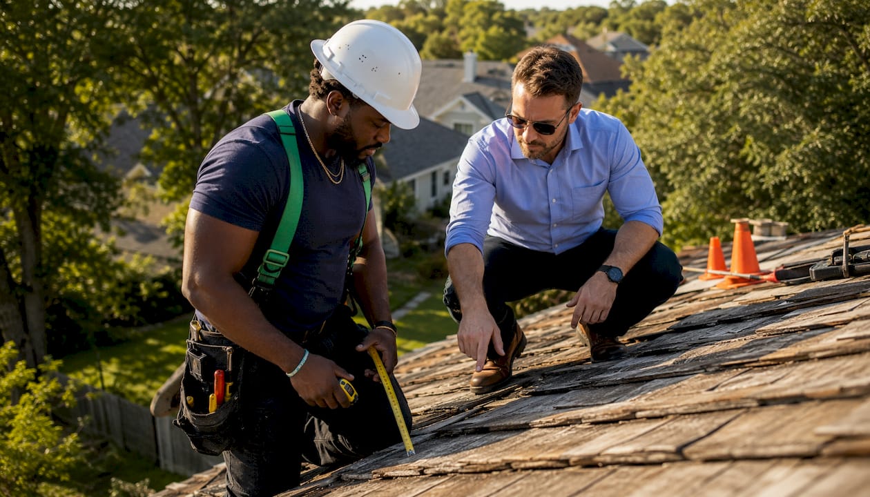 Roof inspector and adjuster inspecting damage