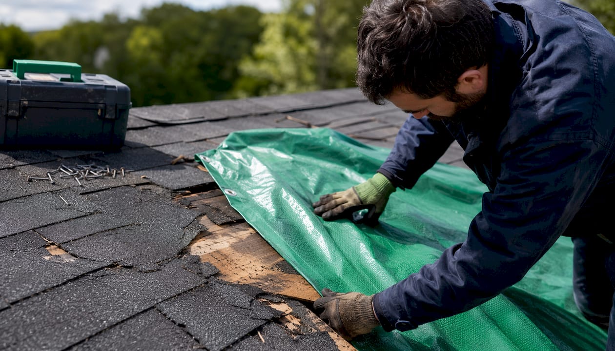 Contractor securing tarp on damaged roof