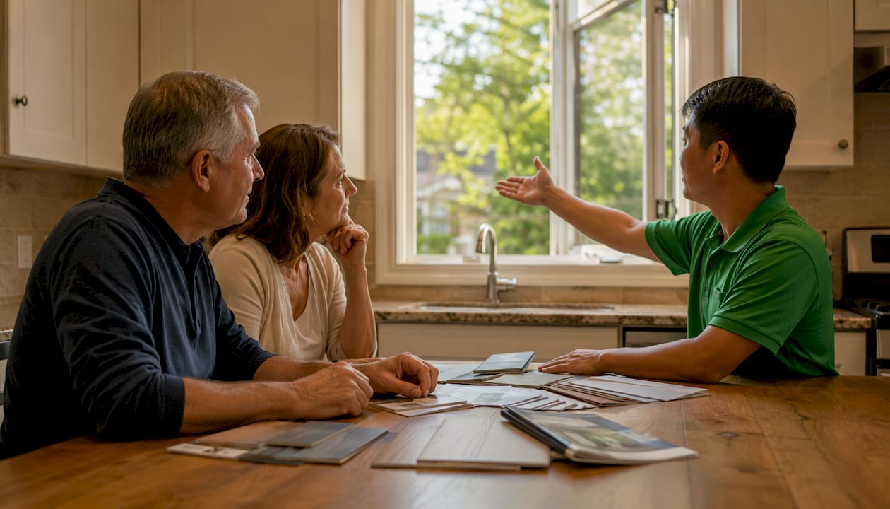 Contractor consulting couple on window tax credit eligibility