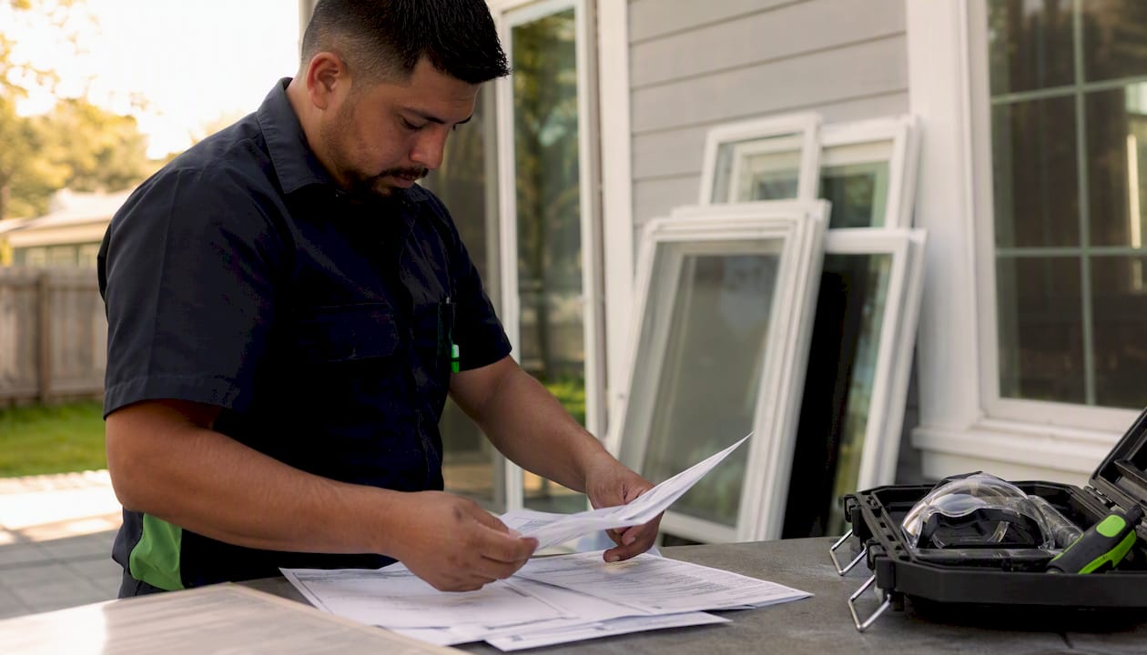 Window installer organizing certification paperwork