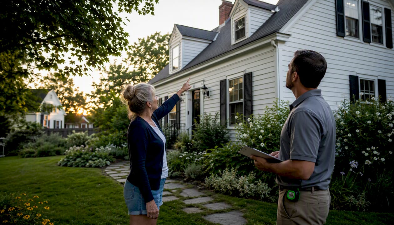 Homeowner and contractor discussing roof repair access