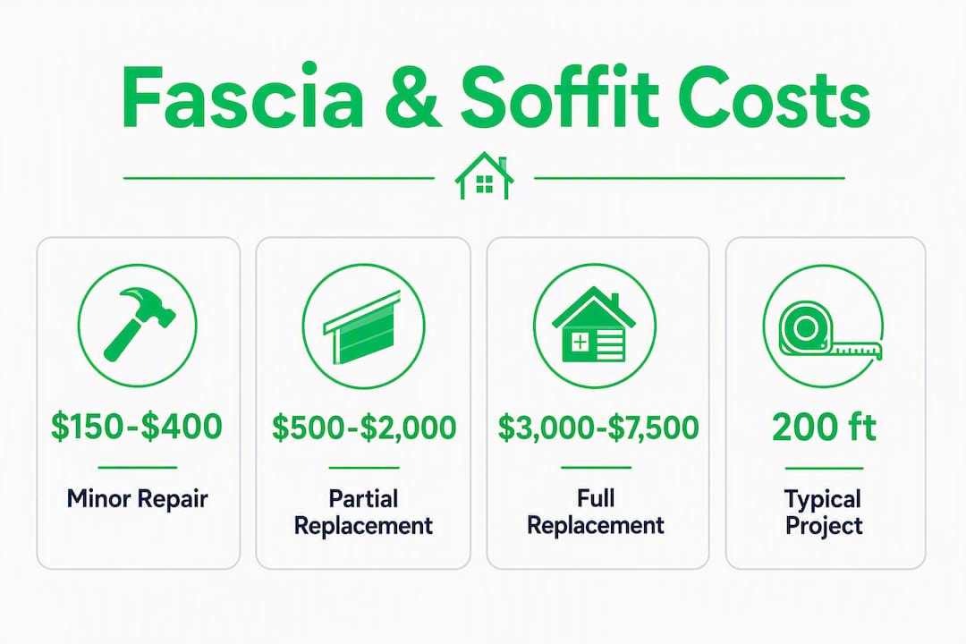 Infographic showing fascia and soffit repair cost ranges and project size