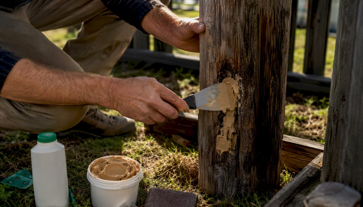 Hands applying wood filler to rotted wood trim