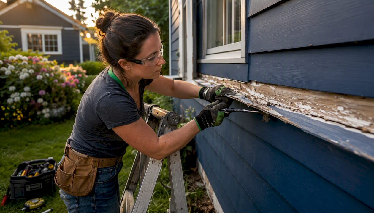Woman removing rotted wood trim board on ladder