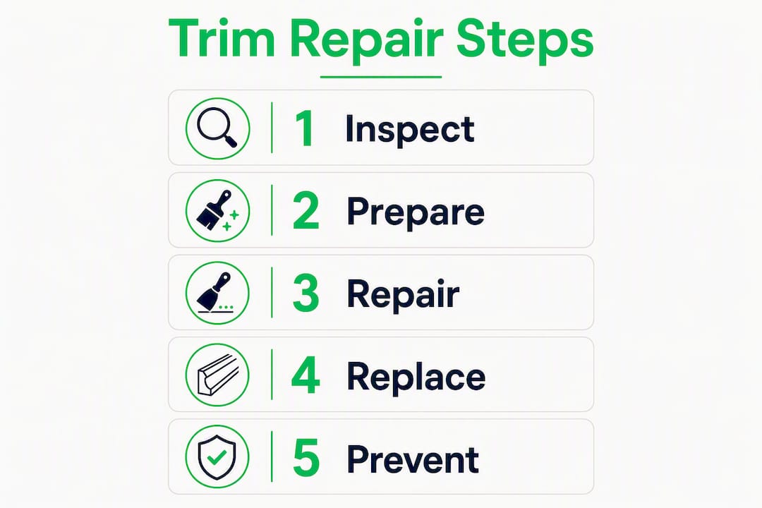 Infographic showing 5 step process for wood trim repair