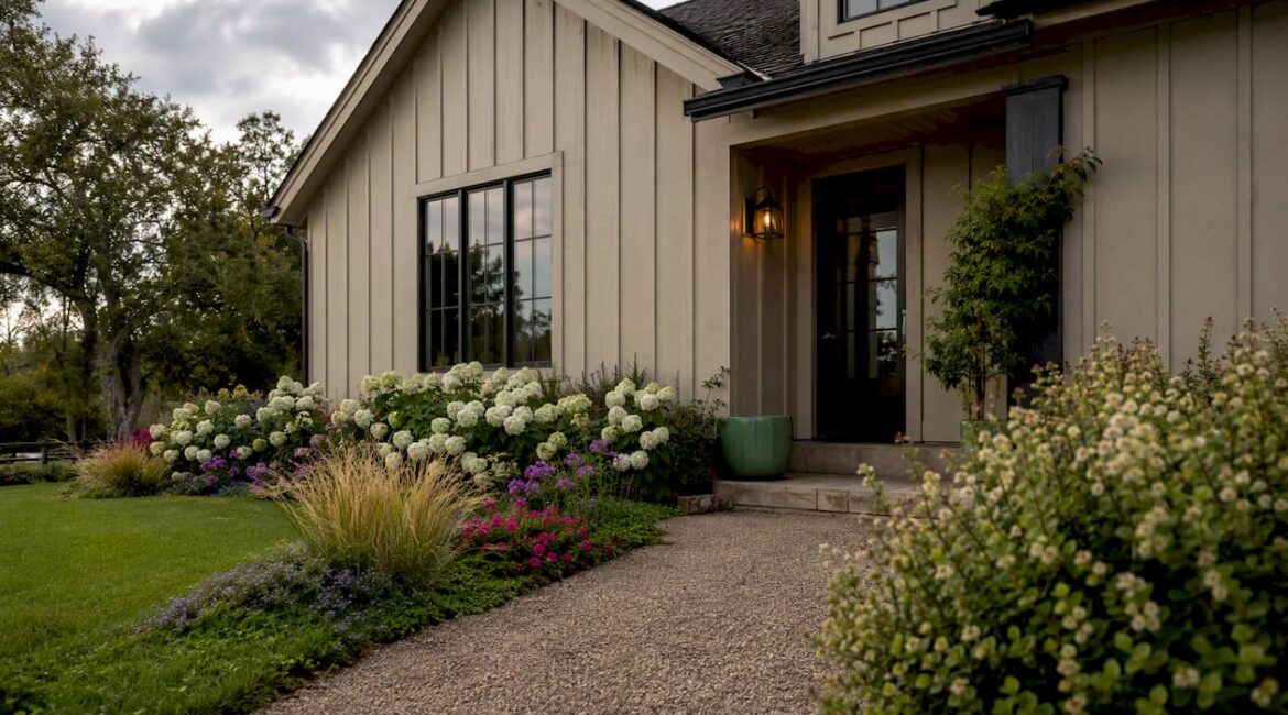 Suburban home with board and batten siding exterior