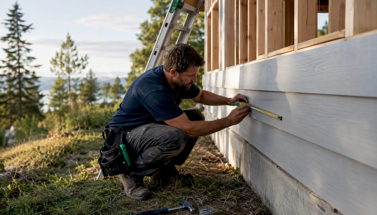 Installer measuring fiber cement siding boards outdoors