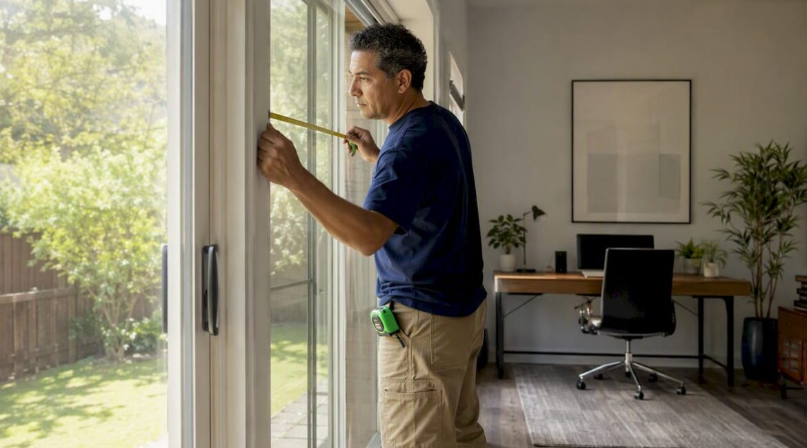 Person measuring patio door frame