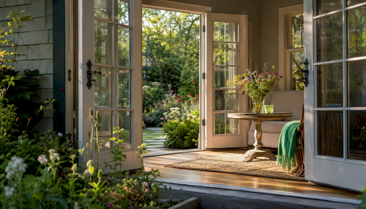 Open French patio doors leading to garden