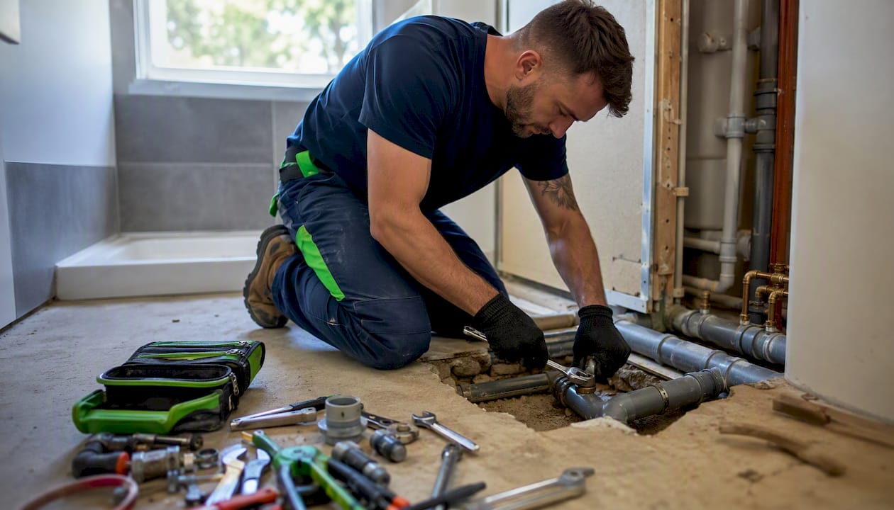 Plumber adjusting shower drain plumbing