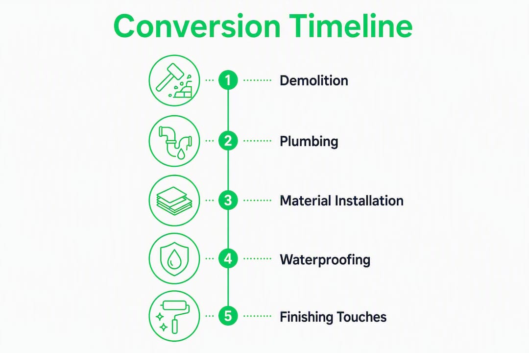 Infographic showing tub to shower conversion process and timeline