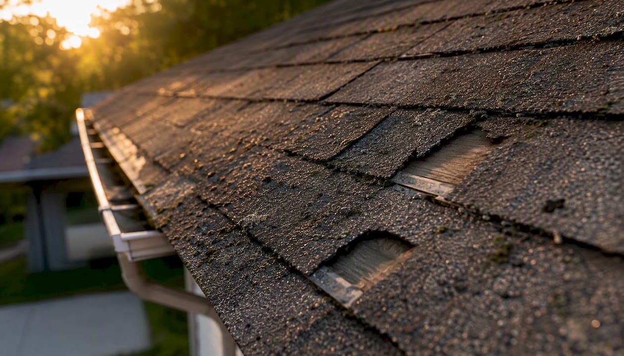 Close-up of asphalt roof with shingle damage