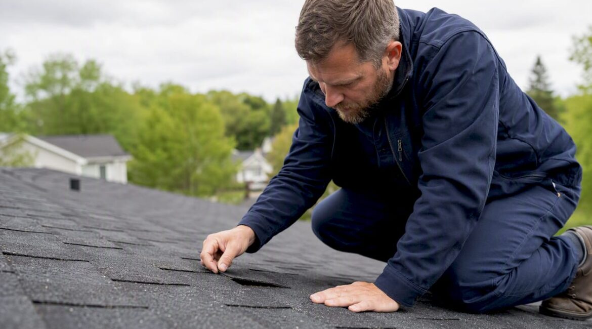 Contractor inspecting asphalt roof shingles