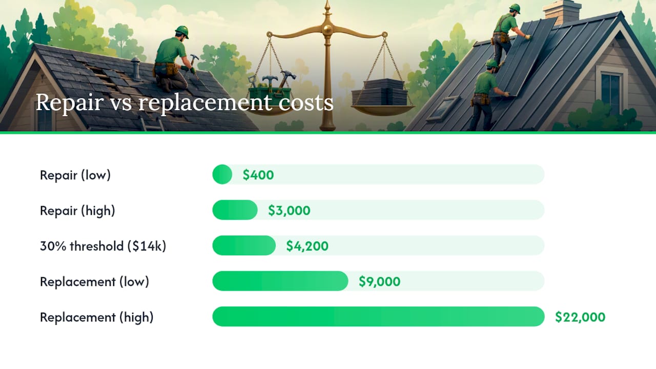 Diagram comparing roof repair and replacement costs and benefits