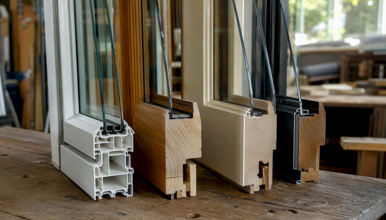 Close-up of window frame material samples