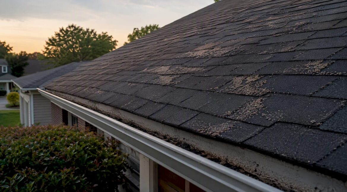 Roof with damaged shingles and water stains