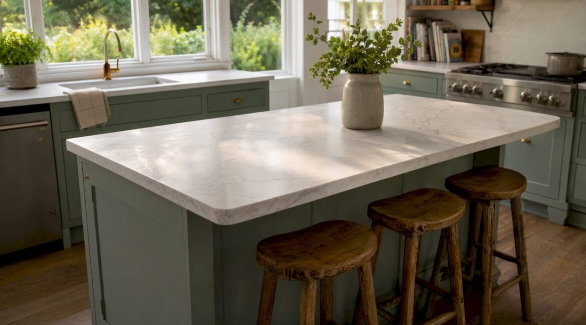Modern kitchen island with overhang and stools