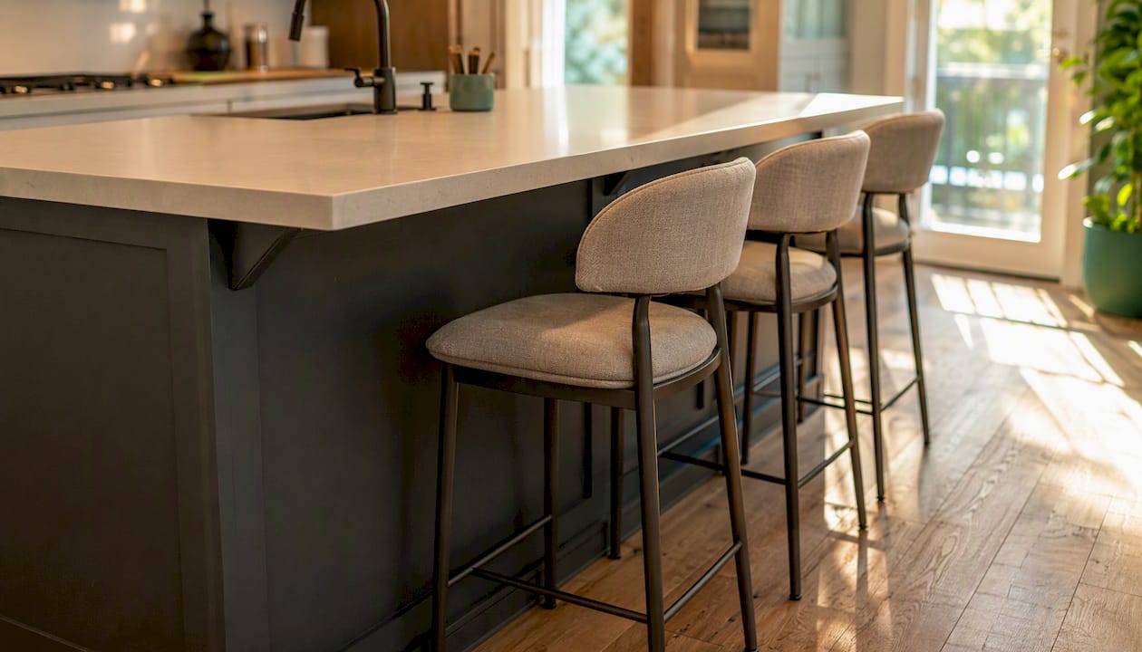 Kitchen island countertop with overhang and three stools