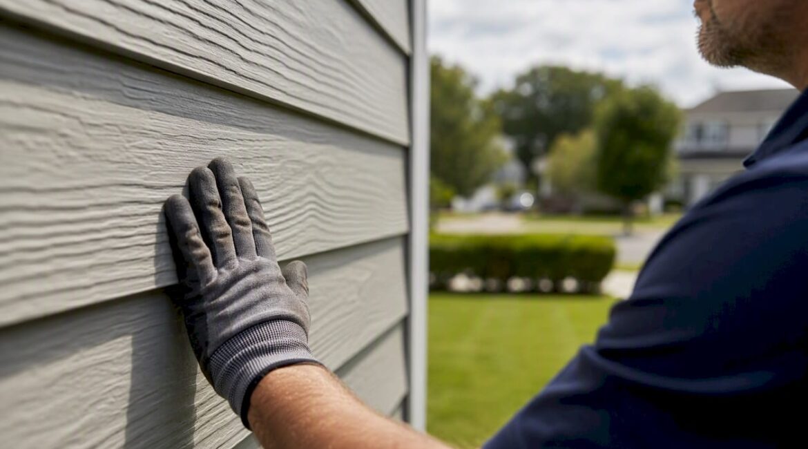 Hand inspecting fiber cement siding caulk joint