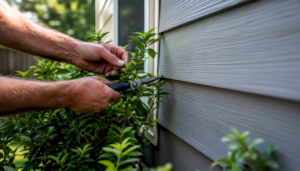 Hands trimming plants near fiber cement siding
