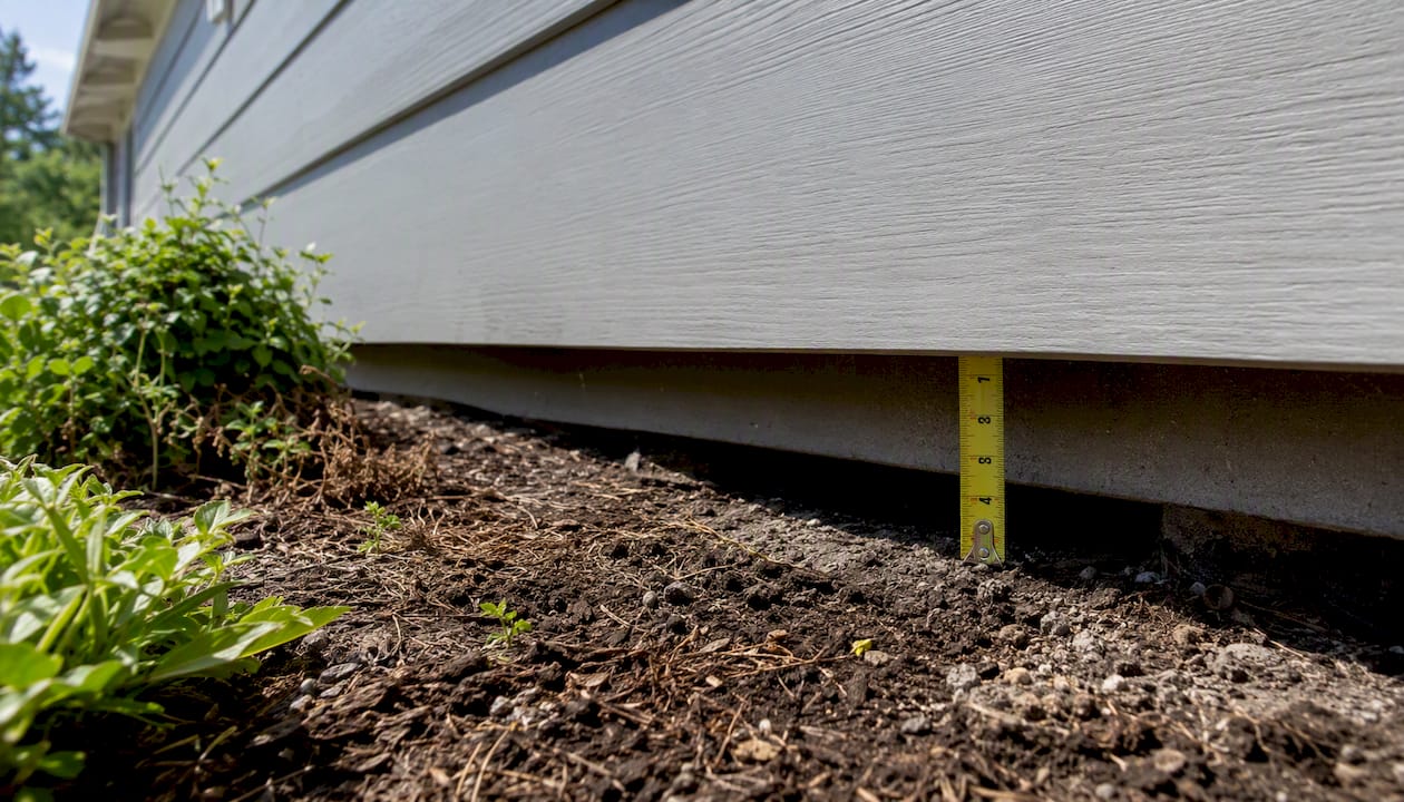 Tape measure showing siding to ground clearance