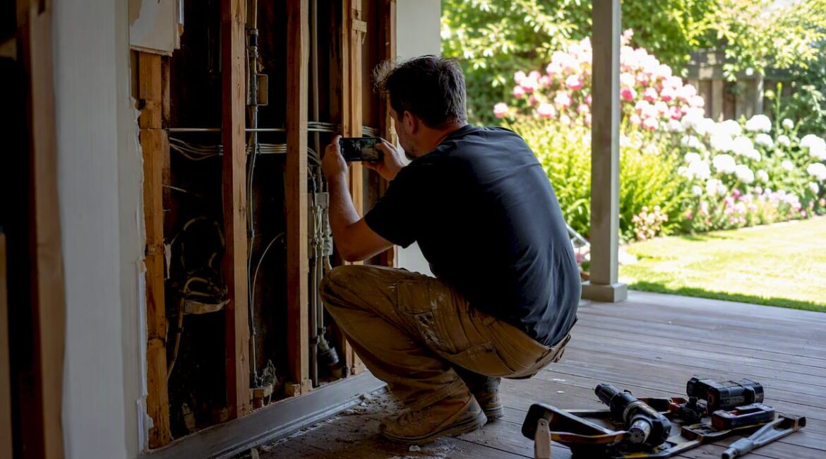 Contractor photographing hidden wall condition during remodel