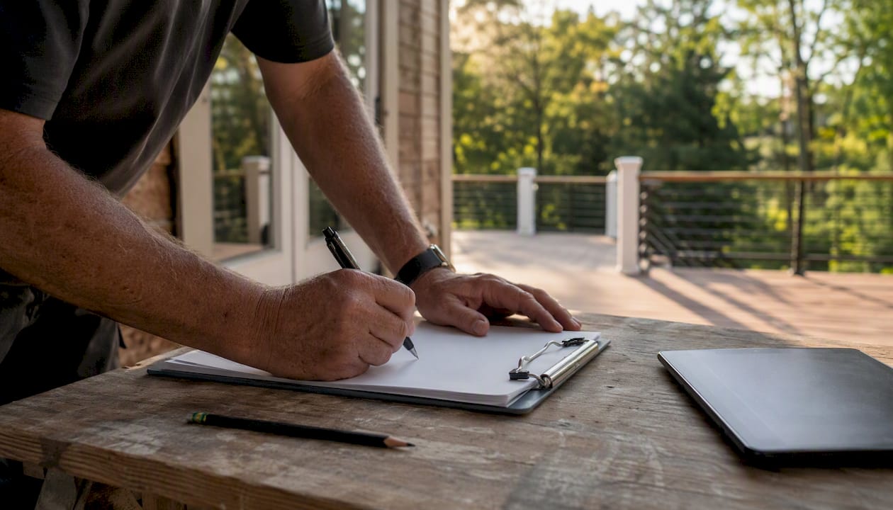 Contractor signing change order document outdoors