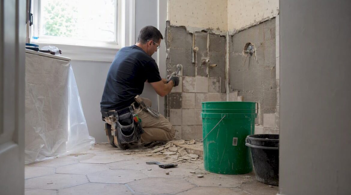 Contractor demoing bathroom tiles in mid-renovation