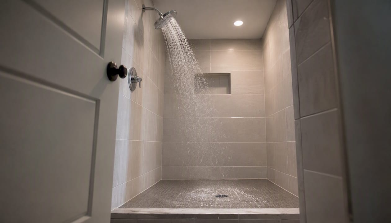 Inspecting shower tile and grout with water running