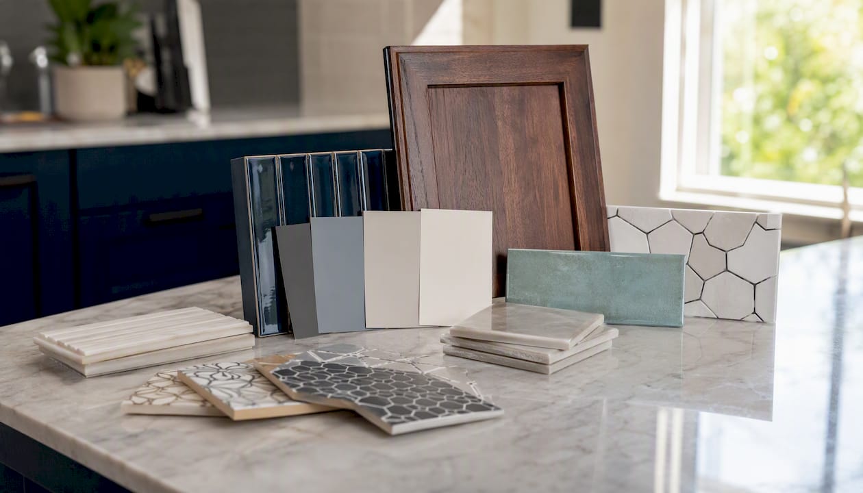 Samples of vanity and specialty tile for bathroom remodel