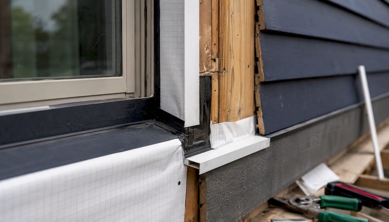 Close-up of exterior flashing detail below siding