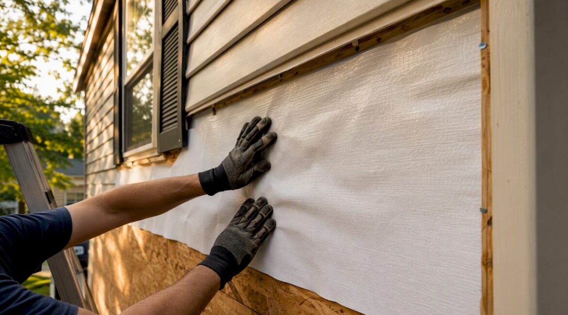 Hands installing house wrap under siding panels