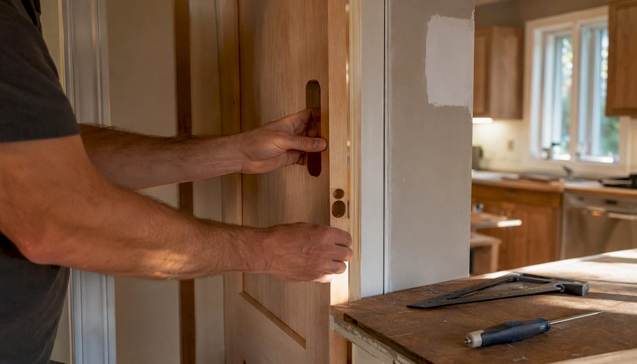 Carpenter installing a solid-core pocket door in kitchen
