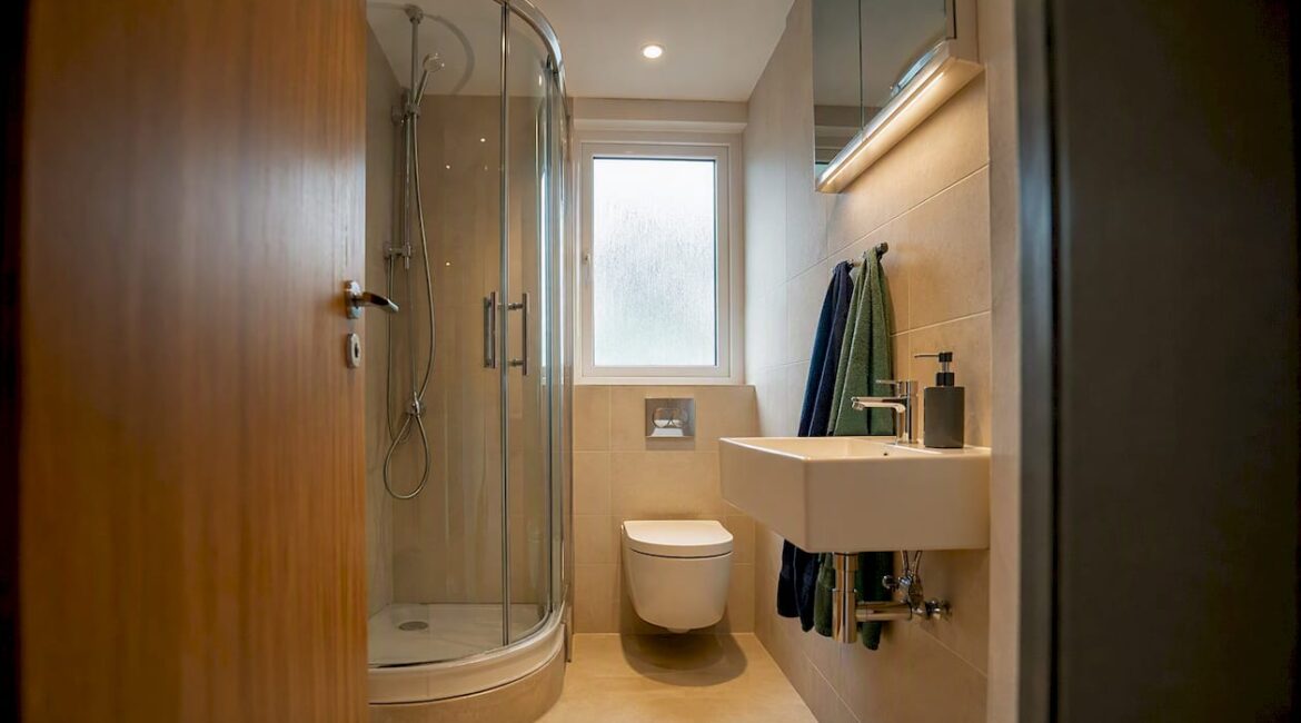 Small bathroom interior with corner shower and compact fixtures