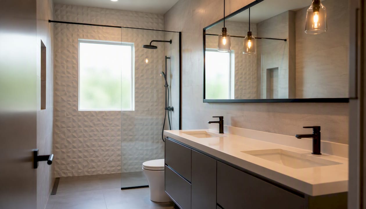 Small bathroom with frameless glass shower panel and large mirror