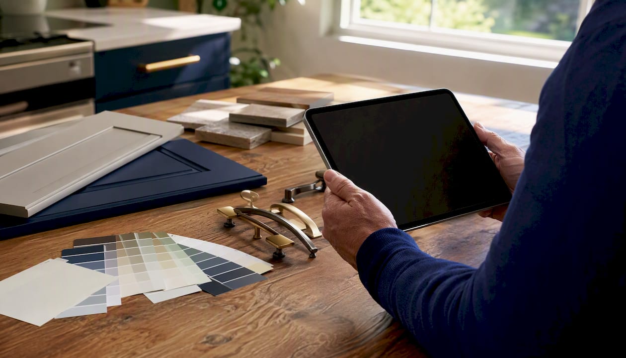 Hands with tablet near cabinet samples and appliance handles