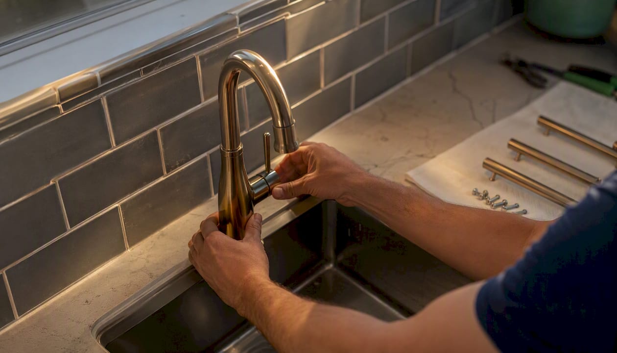 Installing faucet during kitchen remodel finishing work