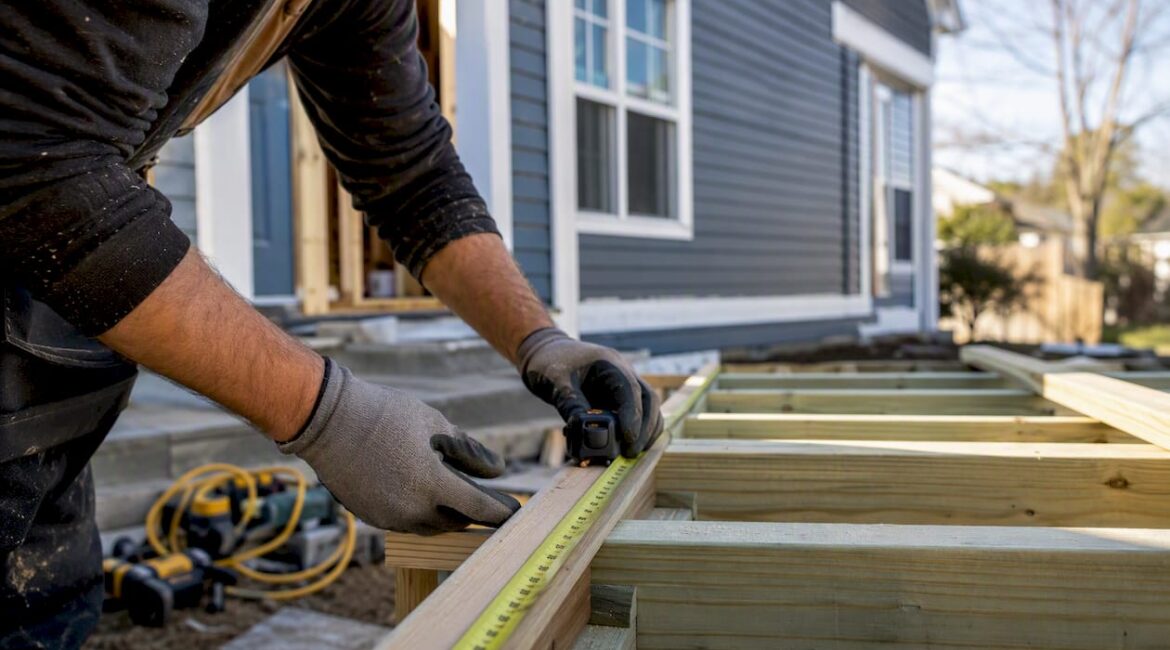Hands measuring wood beam at renovation site