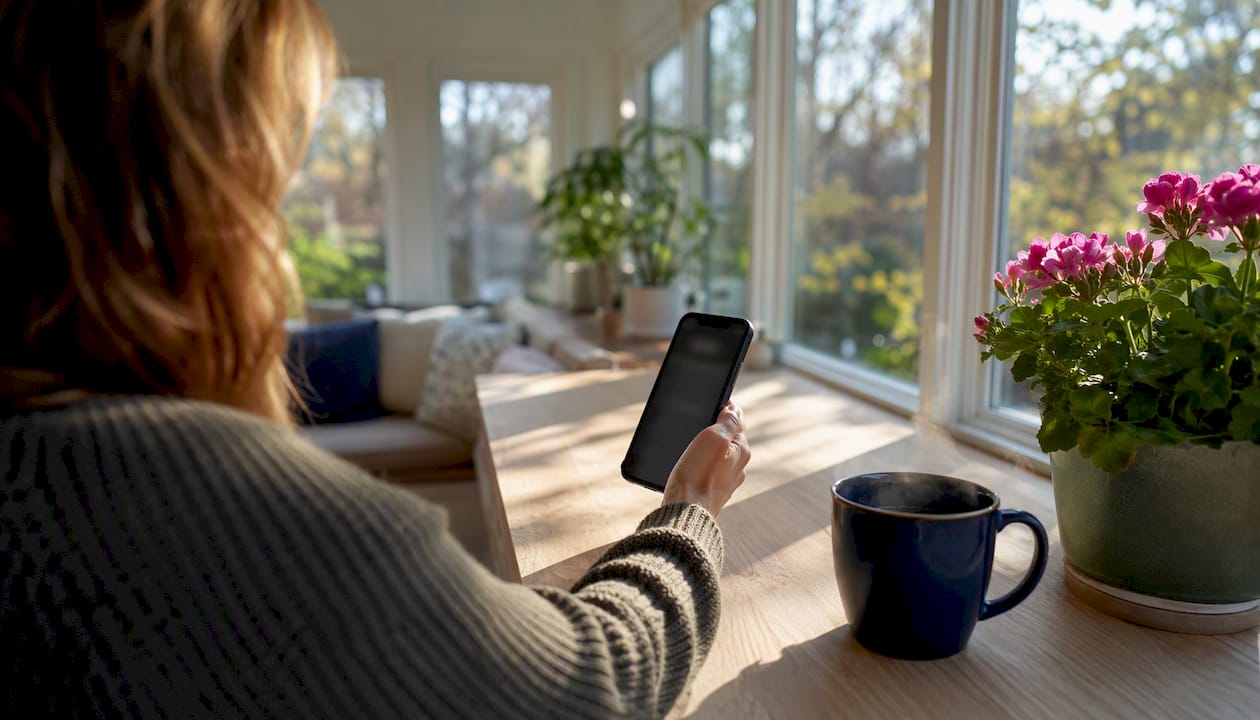 Hand holding smartphone for license check