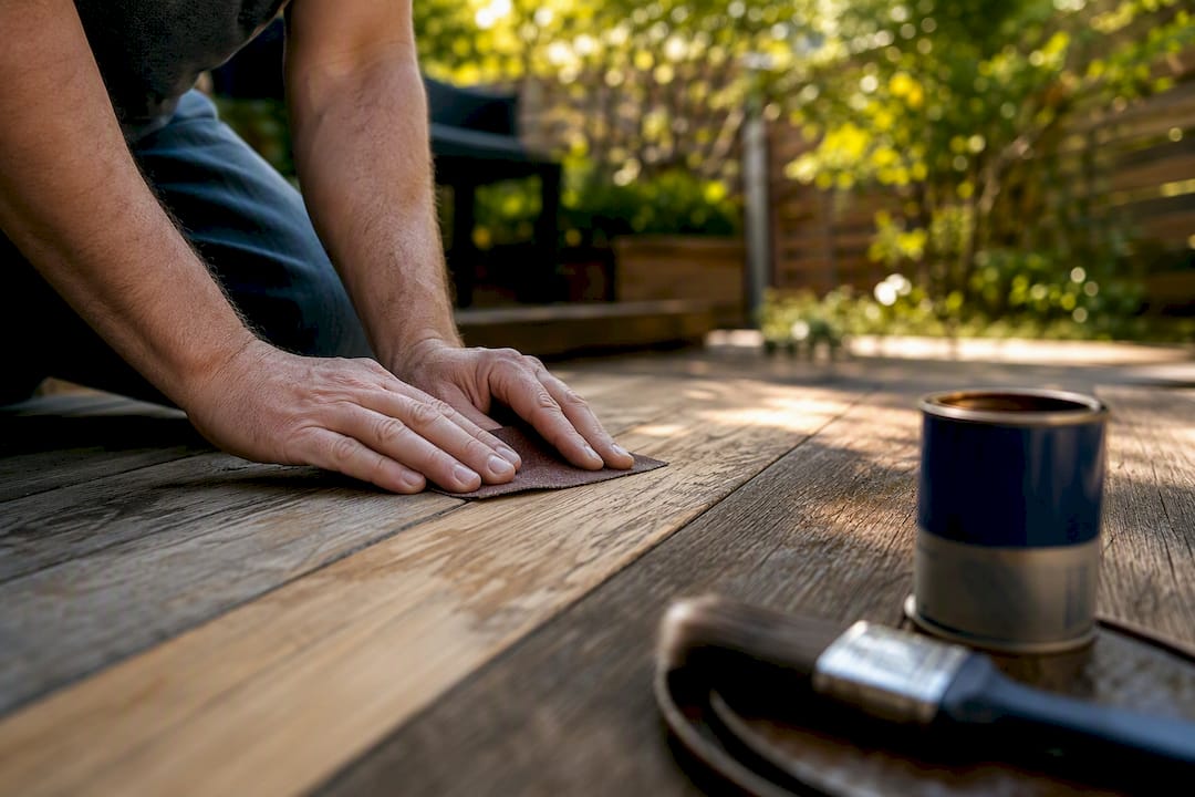 Hands sanding and refinishing wood deck