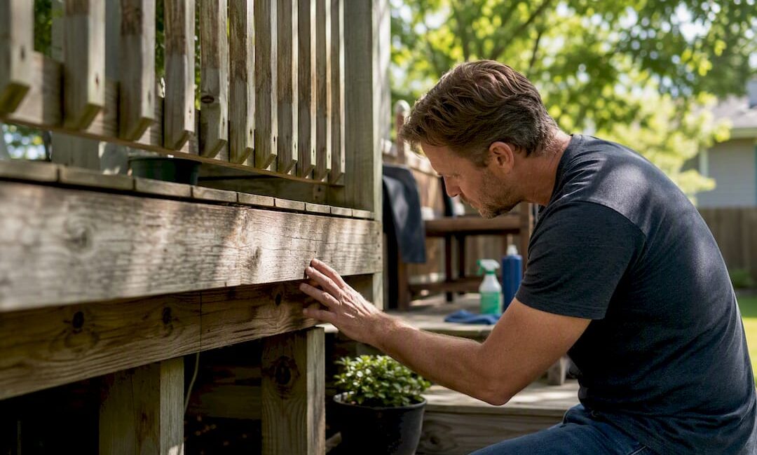 Hands inspecting wooden deck structure