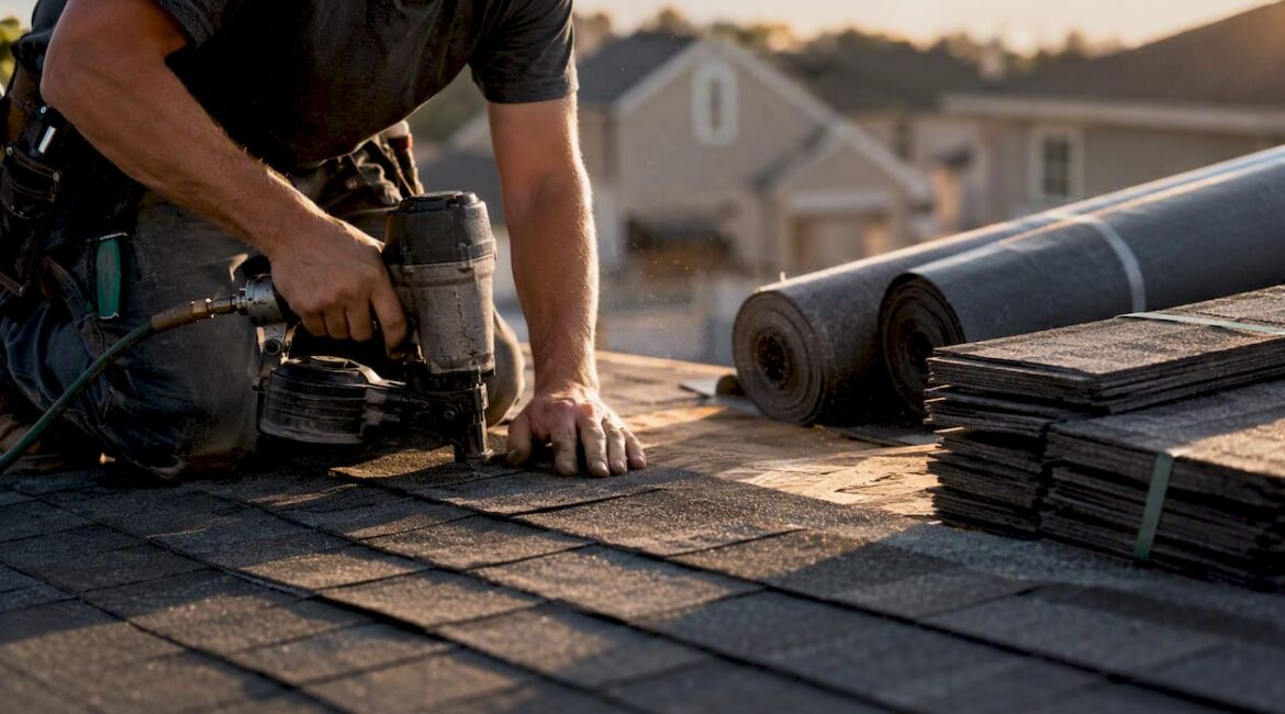 Roofer installing asphalt shingles