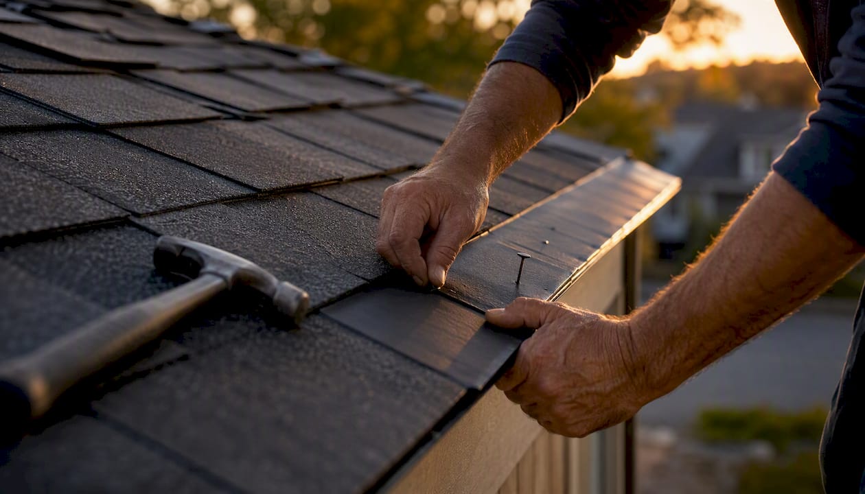 Hands installing roof flashing