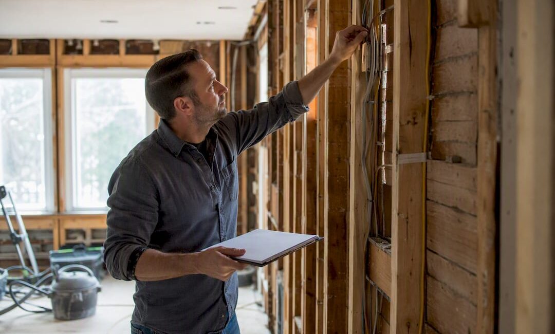 Contractor inspecting kitchen remodel permit work