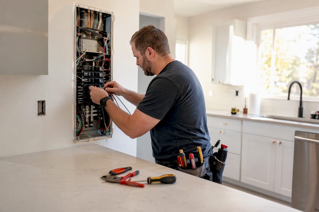 Hands wiring kitchen electrical panel