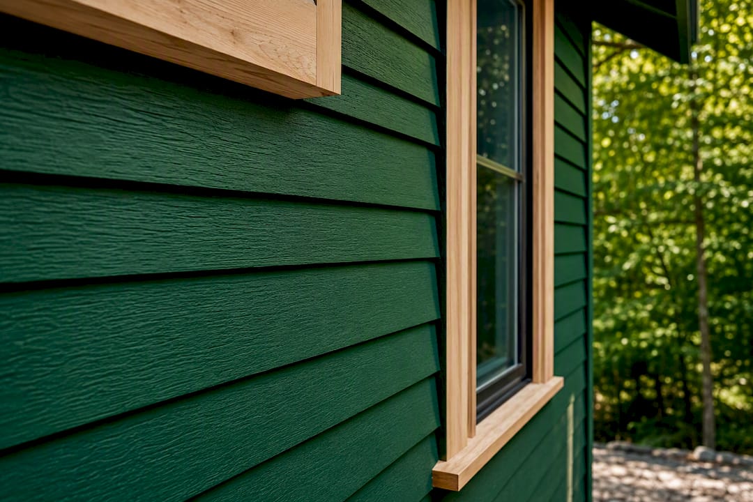 Close-up of deep forest green siding and wood trim