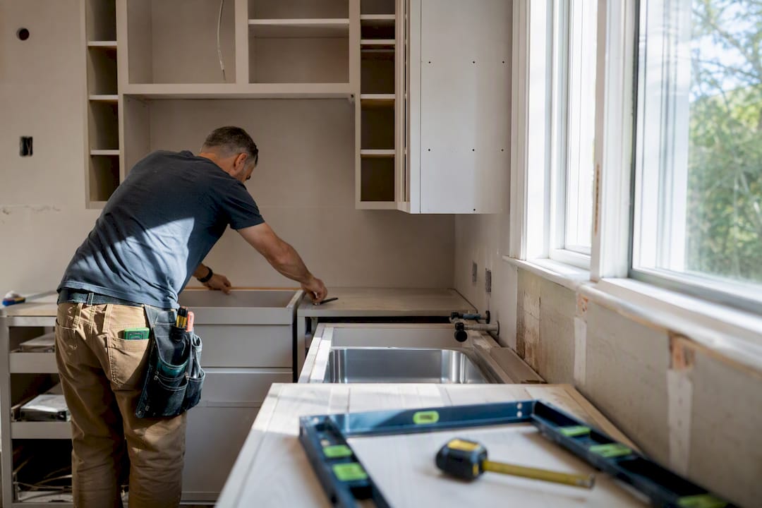 Contractor adjusting kitchen layout during remodel