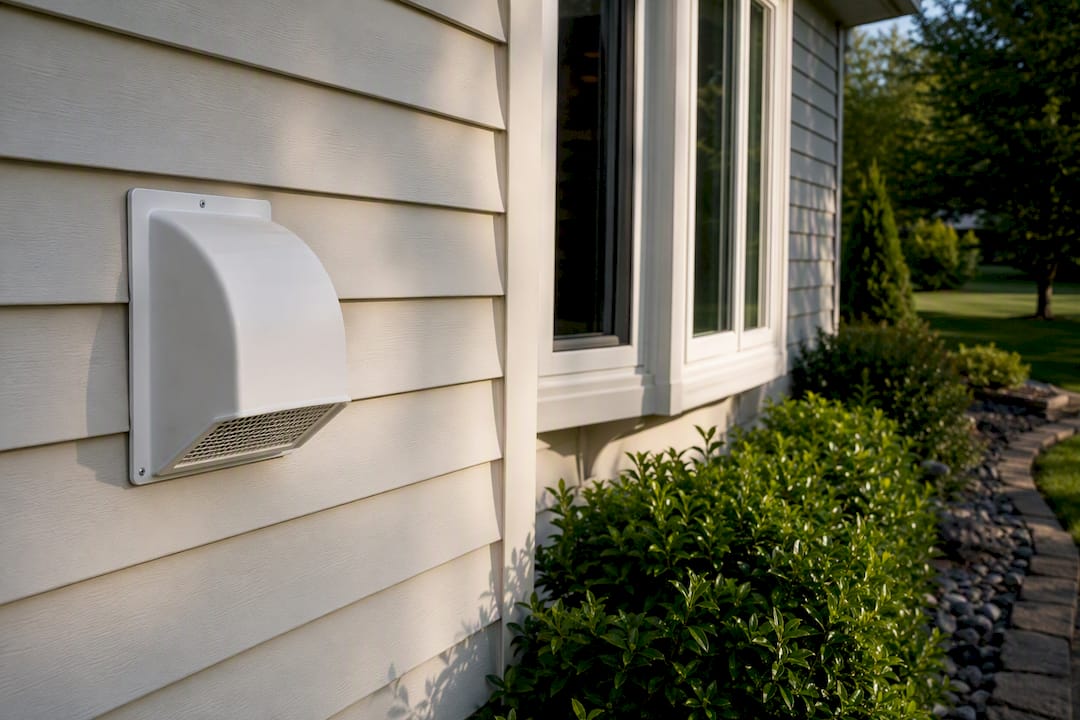 Bathroom exhaust duct vent outlet on home exterior